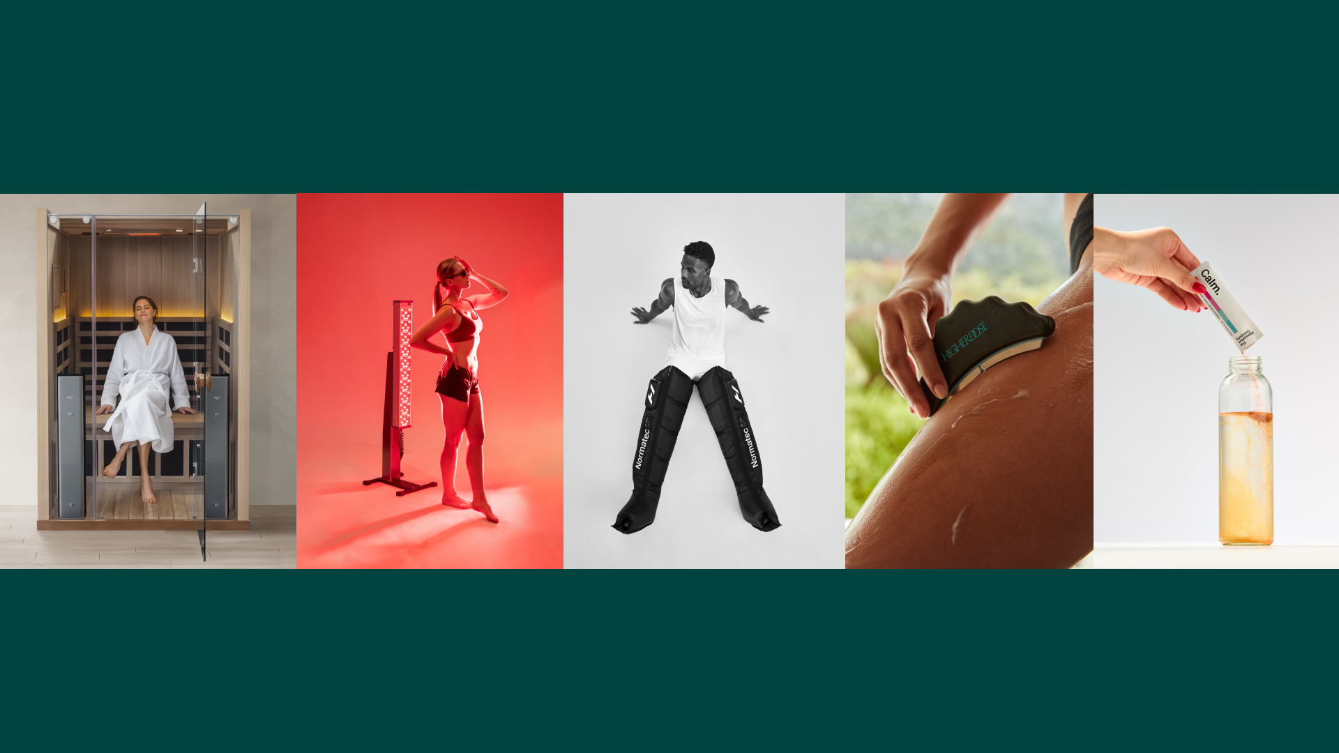 Image shows lifestyle images from leading wellness brands in a collage. Lifestyle images, left to right: Sanctuary 2 Full Spectrum 2 Person Infrared Sauna (Clearlight), Red Light Therapy CORE Tower (Clearlight), Normatec Elite Legs (Hyperice), The Microcurrent Body Sculptor Ritual Set (HigherDOSE), & Calm. (The Absorption Company).