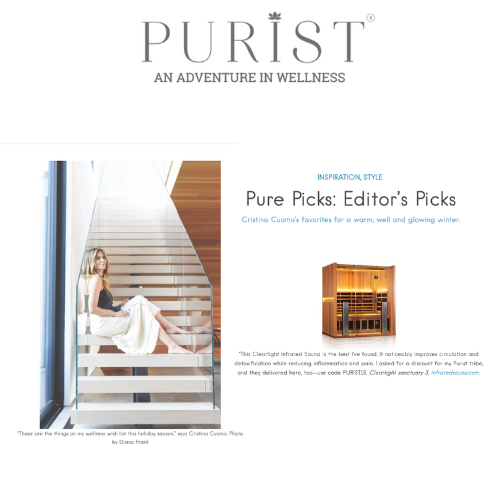 The Purist’ Founder Cristina Cuomo selects the Clearlight Sanctuary 3 Infrared Sauna in her Pure Picks for the Holidays!